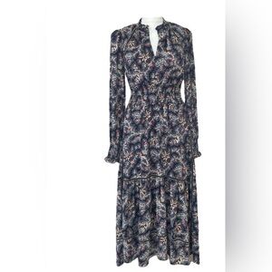 ME + EM blue, brown, cream and coral floral midi dress